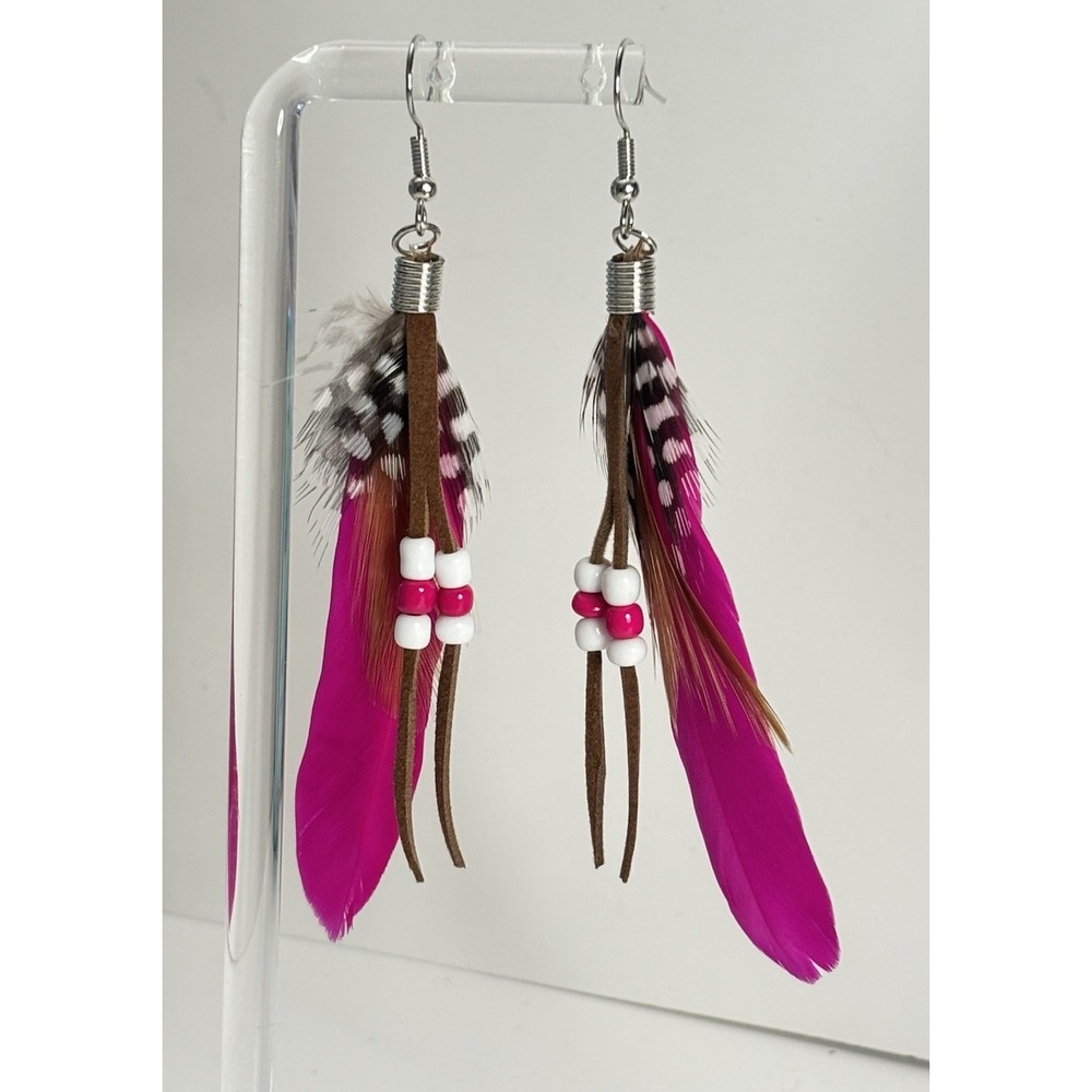 Hot Pink Bohemian 3" Feather Drop Earrings With White Beads